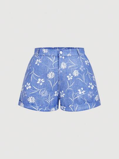 SHEIN MOD Plus Size Women High Waist Blue Floral Print Elastic Waist Shorts,Denim Print,Women Boxer Shorts,Summer Vacation Shorts