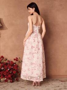 SHEIN Unity High-End Elegant Mesh Flocked Midi Strapless Summer Dress - Beige - View 2