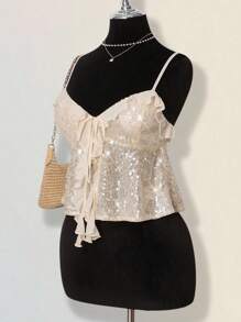 SHEIN ICON Women's Sexy Versatile Shoulder-Exposing Sequined Splicing Chiffon Cropped Sleeveless Camisole Sheer Ruffle Hem Top Sequin Top Glitter Top Sparkly Top Bling Top Ruffle Top - Apricot - View 3