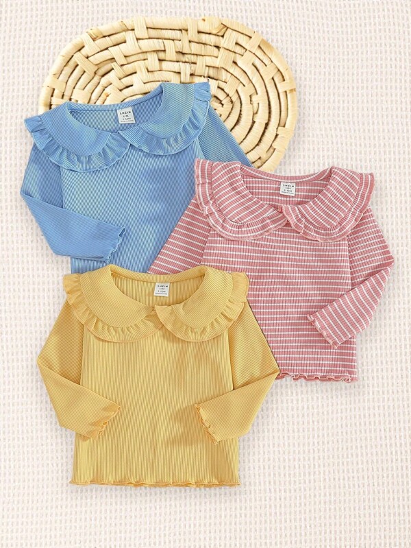 SHEIN Playful Pals 3pcs/Set Baby Girls Elegant Ruffle Peter Pan Collar Striped Long Sleeve T-Shirt, Cute & Fashionable Ideal For Casual, Holiday And Everyday Wear, All Seasons