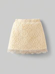 Ontre 少女刺绣花卉蕾丝边半身裙 - 杏色 - 查看 1