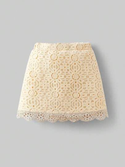 Ontre 少女刺绣花卉蕾丝边半身裙