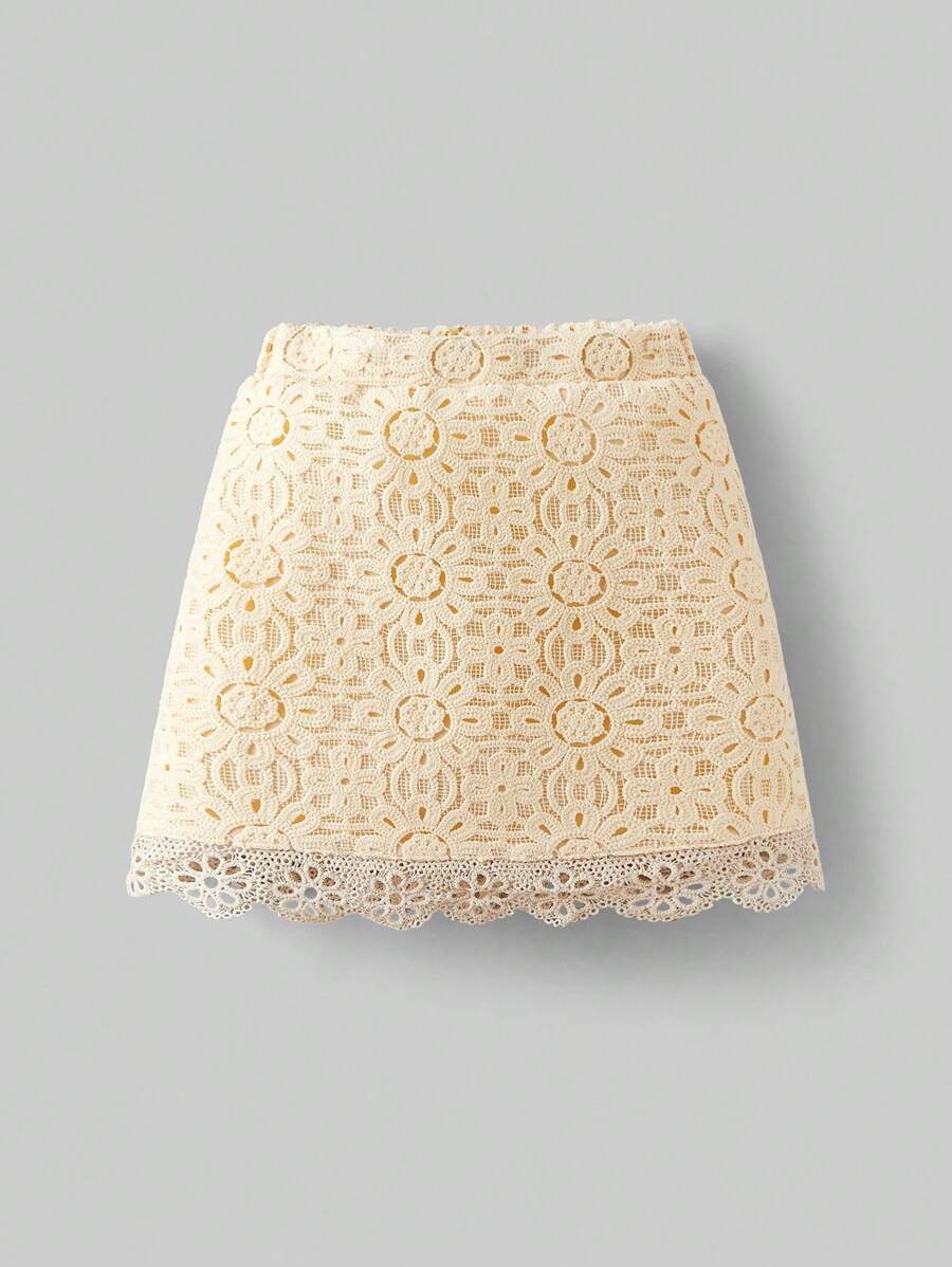 Ontre 少女刺绣花卉蕾丝边半身裙 - 杏色 - 查看 1