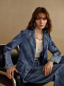 MOTF PREMIUM CASUAL ELEGANT EMBROIDERED LOOSE DENIM BLAZER - Blue - View 1