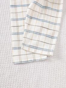 2 件套男童棉麻格子图案开衫，刺绣熊图案，舒适柔软，四季男童睡衣套装儿童睡衣套装格子睡衣套装男童睡衣套装 - 白色 - 查看 7