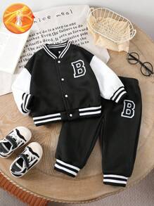 SHEIN 1 Set Infant Baby Boy Zip-Up Bomber Jacket & Letter Print Pants, A Warm And Comfortable Outfit Suitable For Autumn, Spring And Winter Wear. This Set Is Not Only Suitable For Outdoor Activities, But Also For Home Wear. The Fuzzy Fabric Design Keeps Infants Warm. This Versatile And Durable Set Is Suitable For Various Occasions In Infant Boys' Daily Life, Allowing Them To Stay Fashionable And Comfortable Through Autumn, Spring And Winter Seasons.
