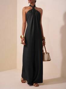 Zivah 2025 Women Summer New Music Festival, Easter, Mother's Day, Wedding Season, Daily Casual, Vacation, Cruise Travel, Beachwear Halter Backless Wide Leg Jumpsuit, Red-Brown Color Halter Neck Jumpsuit Black Jumpsuit