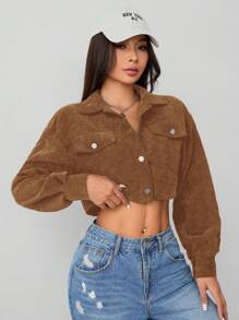 SHEIN PETITE Spring Drop Shoulder Flap Detail Crop Corduroy Jacket In Fall/Winter - Brown - View 6
