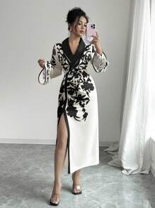 Selianne Robe mi-longue élégante pour femmes avec imprimé floral, col châle, manches longues et fente latérale - Multicolore - Voir 6