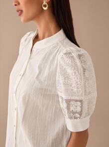 Lilora Women's Casual Summer Hollow Out Puff Sleeve Single Breasted Shirt Urban Style Urban Leisure, Romantic And Elegant, Going Out