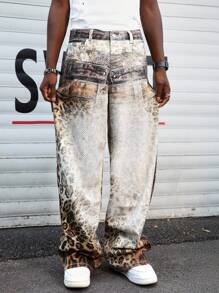 ROMWE MEN Street Life Blugi bărbătești cu imprimeu leopard și buzunare, stil casual, cu picior larg - Multicolor - Vizualizare 8
