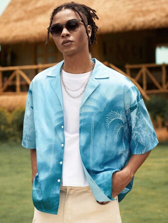 The White Lotus Chemise à manches courtes décontractée d'été pour hommes, avec col châle et motif d'arbre de cocotier, pour vacances