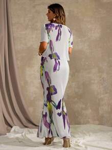 Roveilla 大码优雅休闲花卉印花短袖上衣和鱼尾裙两件套，春夏 - 淡紫色 - 查看 2