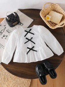 Young Girls' Elegant Embroidered Floral Lace Trim Blouse,White,Autumn,Family Matching Vintage Cute Shirt For School Uniform,Back To School Clothes - Black and White - View 2