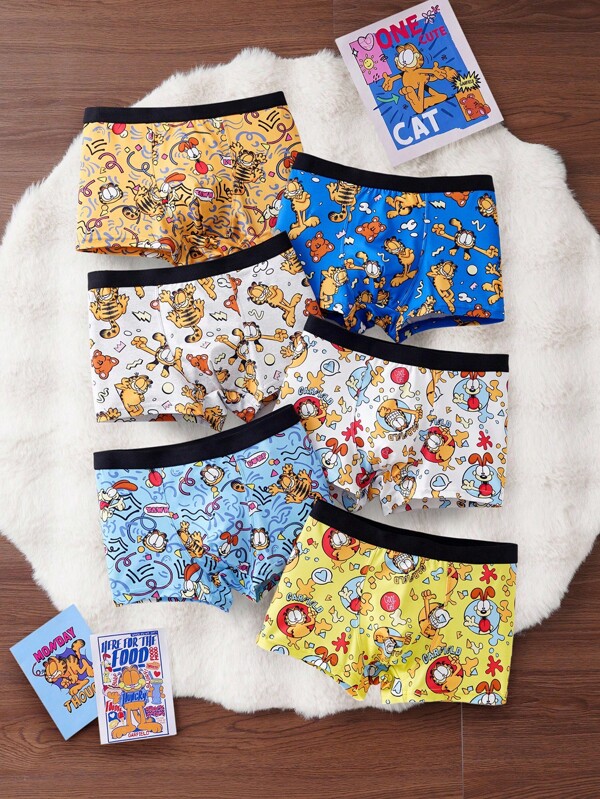 GARFIELD X SHEIN Set de 6 calzoncillos cómodos y cuadrados con estampado completo y contraste de cintura para niños preadolescentes