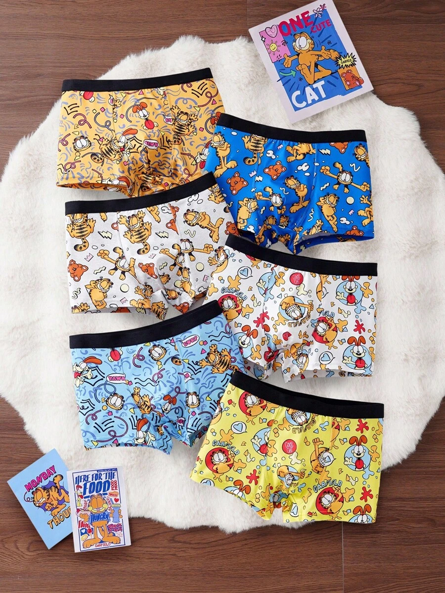 GARFIELD | SHEIN 6 pièces Slips boxeurs confortables avec impression intégrale et taille contrastée pour pré-adolescents