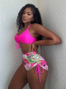 Alexandranx Summer Beach Tropical Print Bikini Set Drawstring Cami Bra & Boxer Shorts 2 Piece Bathing Suit - Hot Pink - View 6