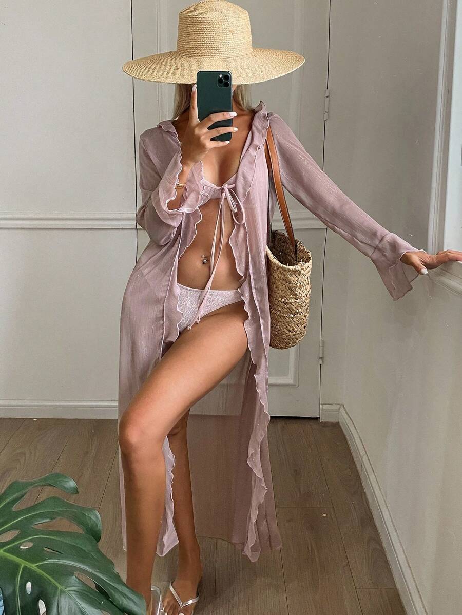 DAZY 1pc Women Solid Color Ruffle Trim See-Through Long Coverup Vacation - Pink - View 1