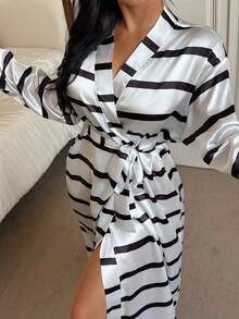SHEIN Women Elegant Striped Long Sleeve Robe, Women Robe Striped Long Sleepwear Robe, Winter