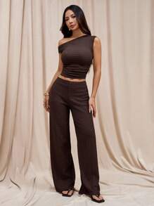 SHEIN PETITE Women's Plain Color Pleated Slim-Fit Oblique Shoulder T-Shirt And Casual Pants Set - Brown - View 1