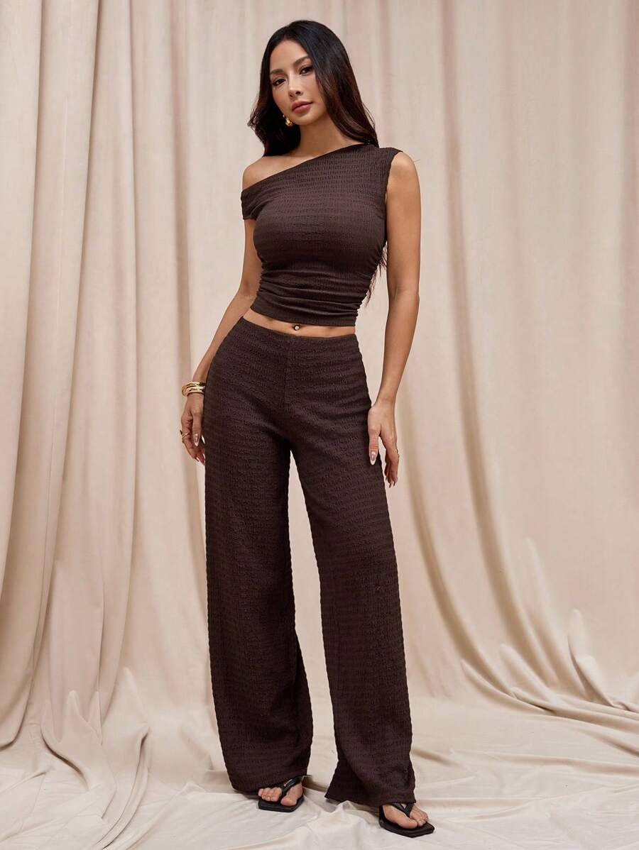 SHEIN PETITE Women's Plain Color Pleated Slim-Fit Oblique Shoulder T-Shirt And Casual Pants Set - Brown - View 1