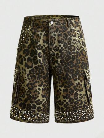 Street Life Pantaloncini cargo in denim da uomo con stampa leopardata e decorazione con perline