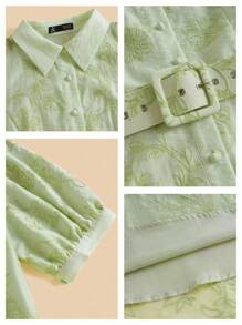 Anewsta 女士绣花领短袖收腰优雅夏装 - 綠色 - 查看 8