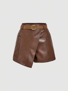 SHEIN MOD Brown Leather Asymmetric Hem Skorts With Belt