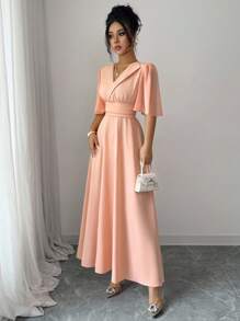 Elenzga New Design Women Polo Collar Waist Pleated Chiffon Patchwork Ruffle Sleeve Casual Daily Elegant Dress - Dusty Pink - View 6