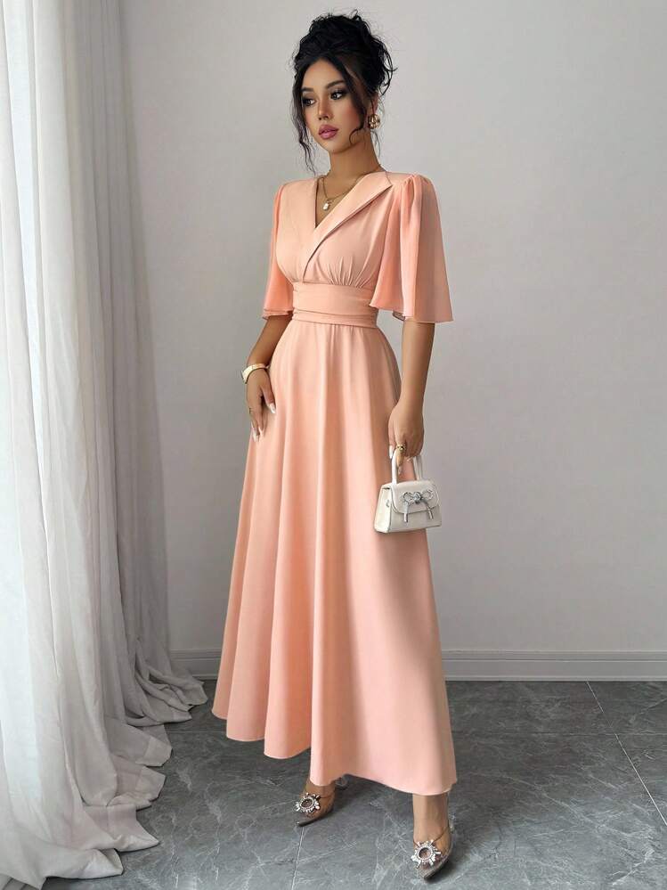 Elenzga Vestido Casual Elegante de Uso Diário com Colarinho Polo Feminino, Cintura Pregueada, Recortes em Chiffon e Mangas Plissadas - Rosa empoeirado - Visão 6