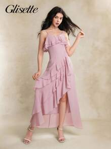 优雅少女无袖连衣裙，粉色花卉刺绣雪纺连衣裙，腰部收褶和荷叶边下摆，春夏 - 粉色 - 查看 6