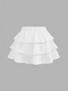 SHEIN Girlism 青少年女孩休闲混合纯色蛋糕风格裙子 - 白色 - 查看 2