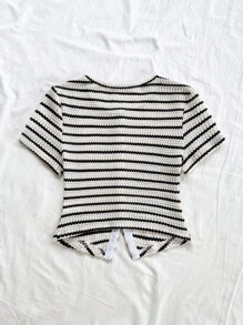 Soleia 女士节日米色和白色纹理针织圆领开衫，装饰蝴蝶结和金属纽扣，修身剪裁，适合度假、约会、下午茶、海滨、游轮、城市度假、音乐节、波西米亚风格 - 彩色 - 查看 2