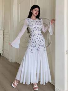 Modelyn Robe évasée à manches évasées avec bordure en dentelle à imprimé floral, coupe ajustée pour femme, printemps/été - Prune - Voir 5