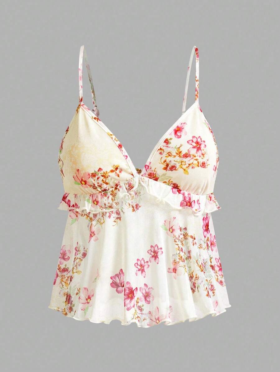 Sweetina Spaghetti Strap Printed Mesh Tank Top, Fashionable For Summer - Apricot - View 1