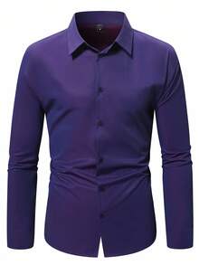 Calvornis Men's Solid Color Front Button Up Casual Long Sleeve Shirt - Purple - View 5