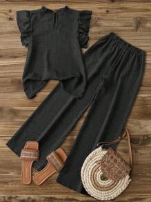 GlowEve Women Spring & Summer Casual Blue Asymmetrical Ruched Cap Sleeve Ruffle Collar Blouse + Women Spring & Summer Casual Blue Elastic Waist Side Pockets Straight Leg Ankle Pants Set - Black - View 2