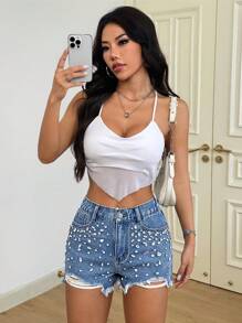 SHEIN PETITE Shorts vaqueros casuales de mujer con bolsillos, bajo deshilachado, rotos y desgastados, estilo Y2K, atuendo de vuelta al colegio y para fiestas de cumpleaños