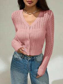 SHEIN PETITE 女士纯色简约长袖开衫、可爱毛衣、短款毛衣、针织毛衣、秋冬装、黄色女装、长袖上衣 - 粉色 - 查看 3