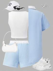 Conjunto de 3 piezas para adolescentes: Camisa a rayas + Chaleco + Pantalones cortos - Azul - Ver 2