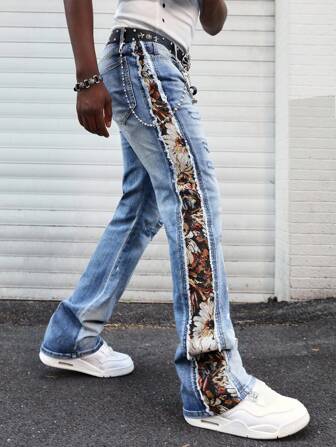 Street Life Jeans en denim vintage à patchwork jacquard pour homme