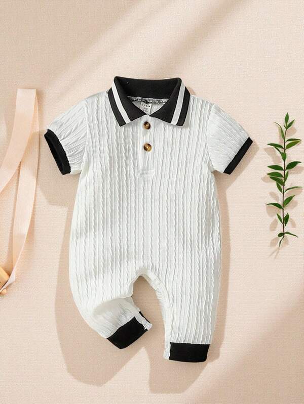 Souflis Souflis Baby Boys' Athletic College Gentlemen Style Color Block Romper With Polo Collar Short Sleeve And Half Placket For Spring/Summer