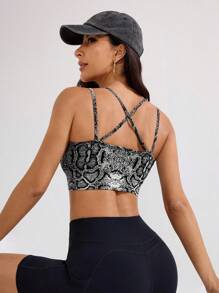 SHEIN Sports Women's Black And White Snakeskin Print Spaghetti Strap Cropped Sports Bra Active Top For Gym Workout. - Black and White - View 7