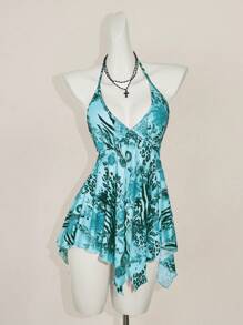 SHEIN ICON Áo hai dây hở lưng in họa tiết cổ điển dành cho nữ, áo cánh Y2k cổ chữ V phong cách Bohemian Beach Hippie Chic cho kỳ nghỉ hè - Màu xanh lam - Xem 6