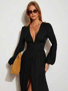 COSMINA Women's Elegant Brown High Slit Dress, Long Sleeve For Vacation, Four Seasons - Black - View 4