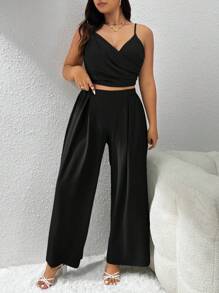 Firerie Bộ đồ ăn tối thanh lịch thường ngày cỡ lớn dành cho giáo viên, áo ba lỗ quấn ngắn và quần dài ống rộng, bộ hai mảnh - màu đen - Xem 3