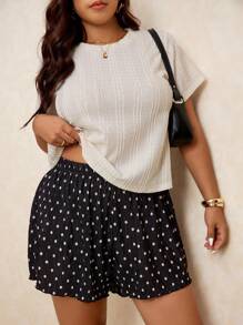 Elaquor 大码女式夏季休闲宽松波尔卡圆点印花松紧腰百褶生菜边短裤 - 黑色 - 查看 4