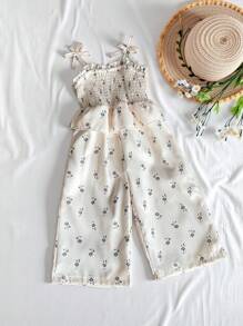 SHEIN Vintaside Kids 女嬰白色夏季波西米亞度假風碎花荷葉邊飾蝴蝶結設計舒適柔軟梭織連身褲優雅時尚休閒外出穿搭 - 米色 - 查看 1