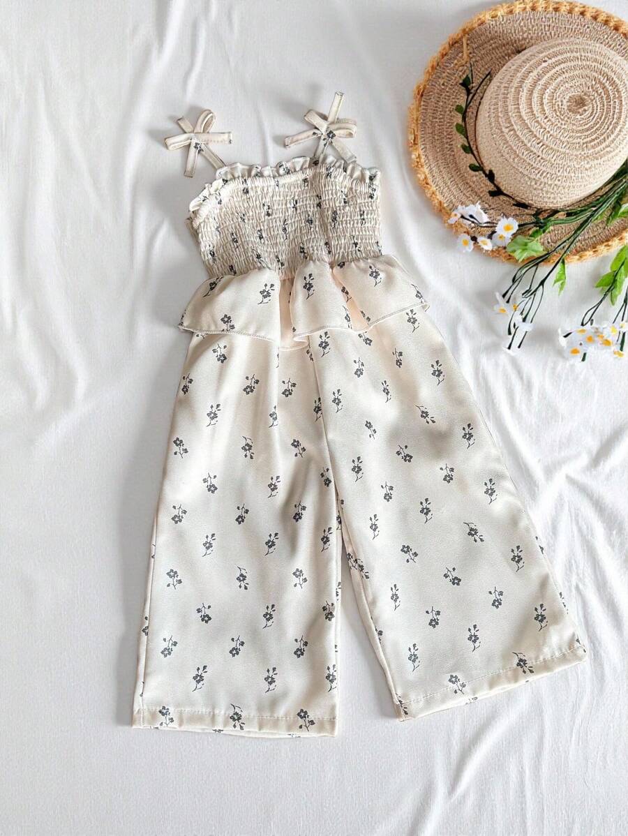 SHEIN Vintaside Kids 女嬰白色夏季波西米亞度假風碎花荷葉邊飾蝴蝶結設計舒適柔軟梭織連身褲優雅時尚休閒外出穿搭 - 米色 - 查看 1