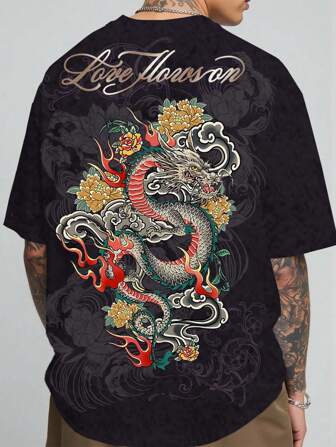 Street Life Camiseta de manga corta con estampado de letras y dragones, estilo retro Y2K para hombre, ideal para el verano